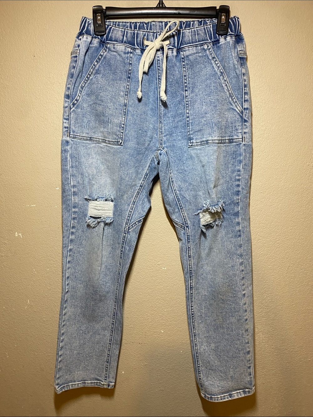 Light Blue Distressed Boyfriend Jeans with Drawstring Waist